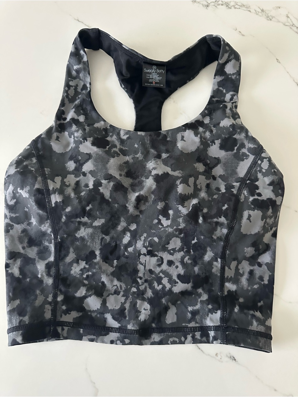 Sweaty Betty Black & Gray Camo-Print Racerback Sports Bra